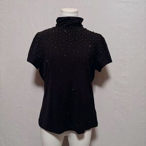 St. John Caviar black slinky gold rhinestone shirt size Large